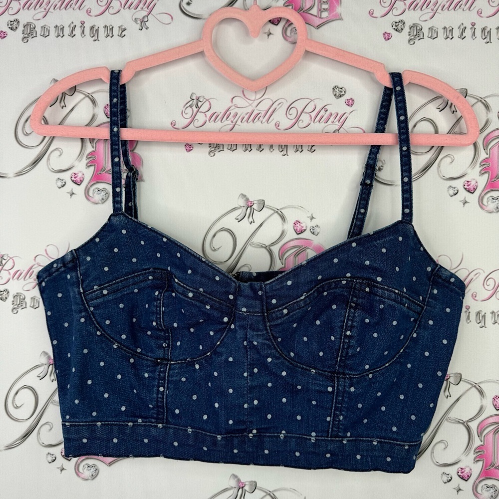 Garage polka dot denim jean crop top bustier style tank top blue white fitted